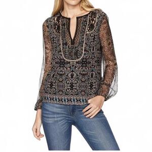 Nanette Lepore Silk Boho Blouse M Blue Black Paisley Sheer Sleeve Peasant Top
